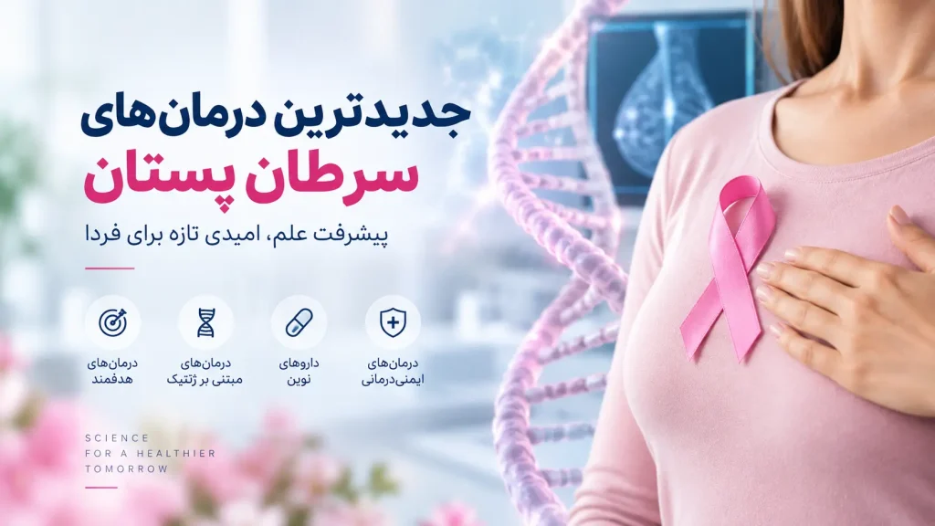 جدیدترین درمانهای سرطان پستان شامل درمانهای هدفمند، داروهای نوین، ایمنیدرمانی و درمانهای مبتنی بر ژنتیک با تصویر روبان صورتی آگاهیرسانی سرطان سینه.